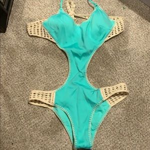 Blue One-Piece Open Back Bathing Suite